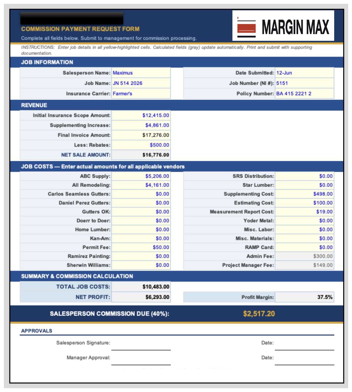 Commission payment request form — job-level revenue, cost, margin, and commission control (sample)