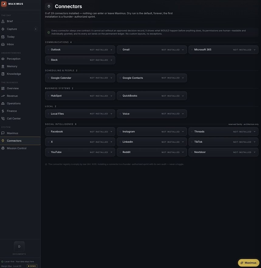 Avori Connectors — communications, scheduling, business systems, and social intelligence connectors with authorization states
