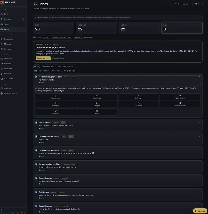 The unified inbox inside Avori — email surfaced, summarized, and prioritized by Maximus