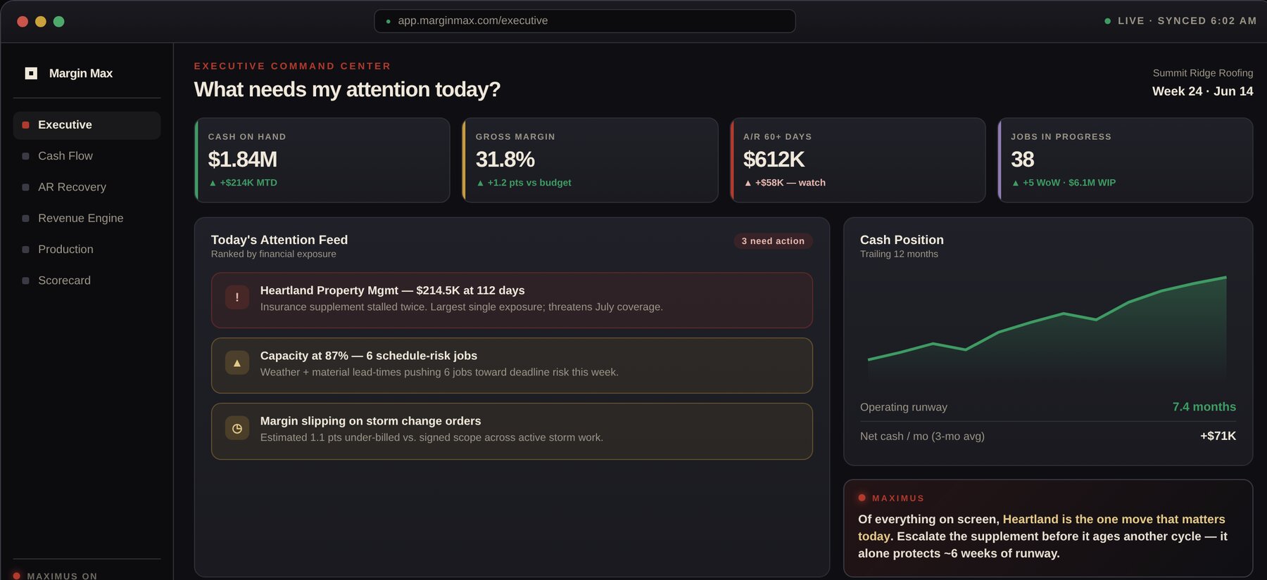 Executive Command Center — cash on hand, gross margin, A/R 60+ days, jobs in progress, today's attention feed, and cash position
